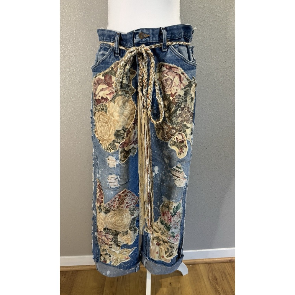 OOAK Upcycled Wrangler Jeans Whimsigoth Boho Lagenlook Reworked Denim Distressed - Picture 3 of 16